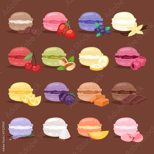 Macarons tasty cake set different colors macaroon s with fruit vector illustration