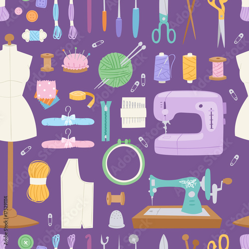 Embroidery fancy-work fine needle-work hobby accessories sewing needle equipment vector seamless pattern background