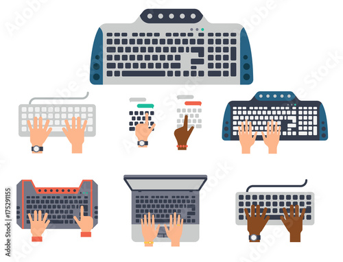 Users hands on keyboard and mouse of computer technology internet work typing tool vector illustration
