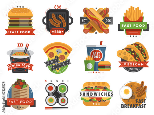 Fast food flat label logo emblem restaurant tasty badge delivery service vector illustration