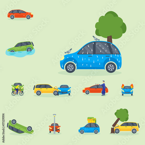 Car crash collision traffic insurance safety automobile emergency disaster and emergency repair transport vector illustration.