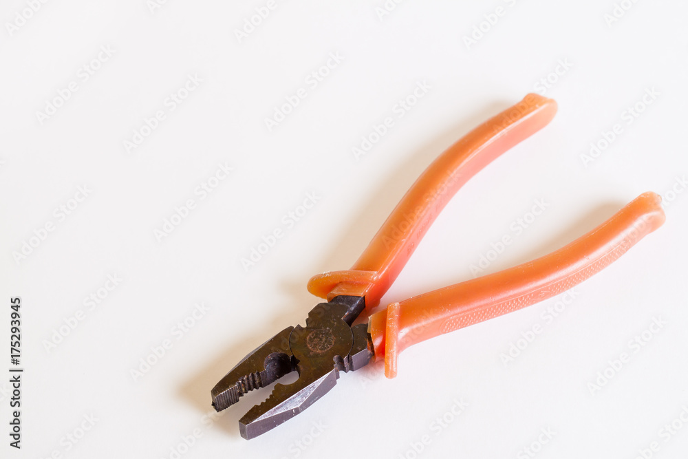 Old pliers on white background. Hand tool household. Old pliers on white background. Hand tool household.