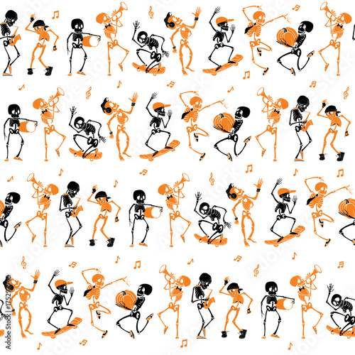 Vector orange, black dancing and skateboarding skeletons Haloween repeat pattern background. Great for spooky fun party themed fabric, gifts, giftwrap.