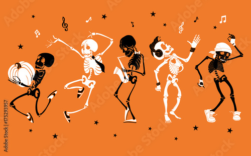 Vector orange dancing and musical skeletons Haloween set collection. Great for spooky fun party themed designs, gifts, packaging.