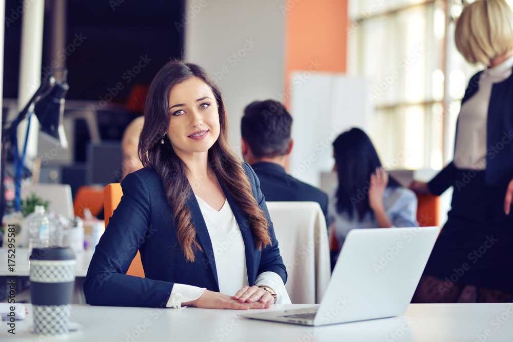 Beautiful brunette using notebook in office Beautiful brunette using notebook in office