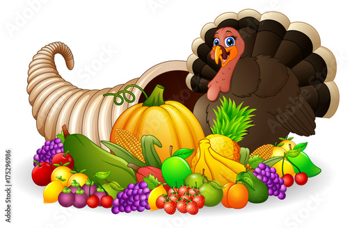 Thanksgiving horn of plenty cornucopia full of vegetables and fruit with cartoon turkey bird