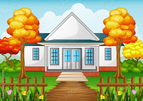 Cartoon house in autumn season with green yard and wooden fence 