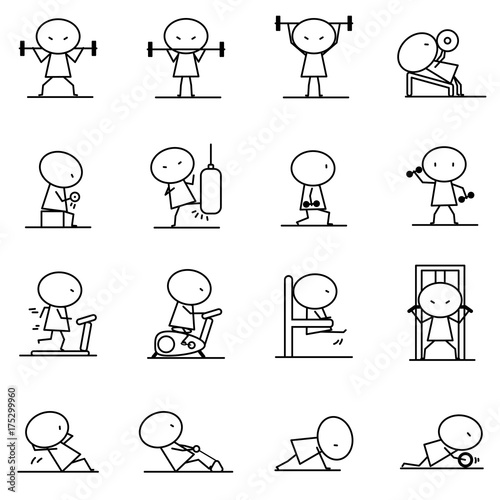 Set of Cartoon simple line character in variety action of Excercise fitness training concept for vector graphic design icon