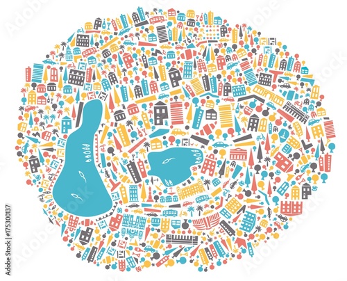 Vector city map. A cartoon city map with houses, parks, cafes.. Цветная карта Ялты с достопримечательностями