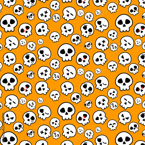 Simple line of Halloween Skeleton head icon pattern in variety emotion on Orange background for illustrator vector design concept