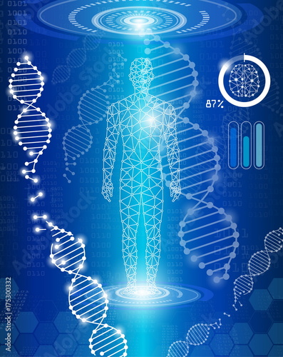 abstract background technology concept in blue light,human heal,technology modern medical science in future and global international medical with tests analysis clone DNA human