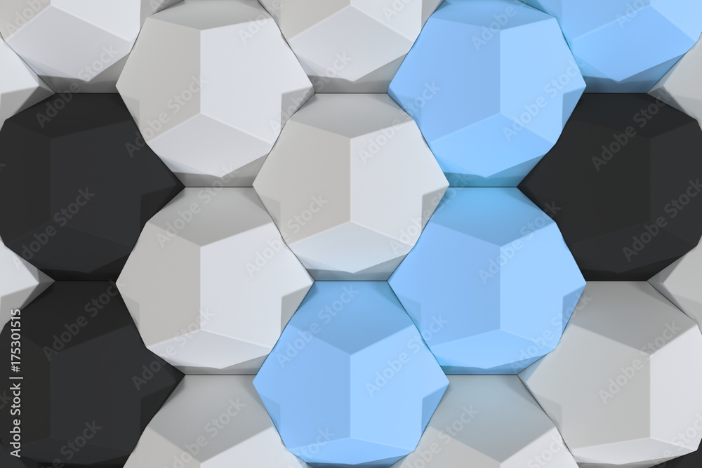 Pattern of white, blue and black hexagonal elements Pattern of white, blue and black hexagonal elements
