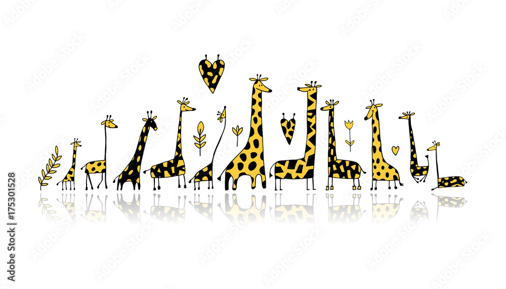 Naklejka premium Rodzina żyraf, szkic do projektowania