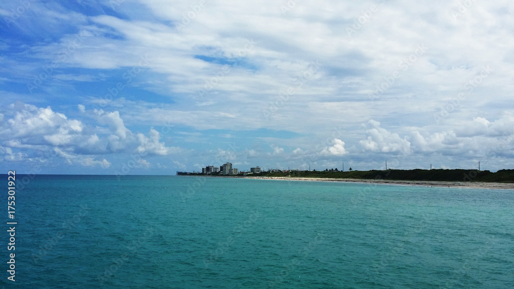 Looking back at the beach coast from the ocean