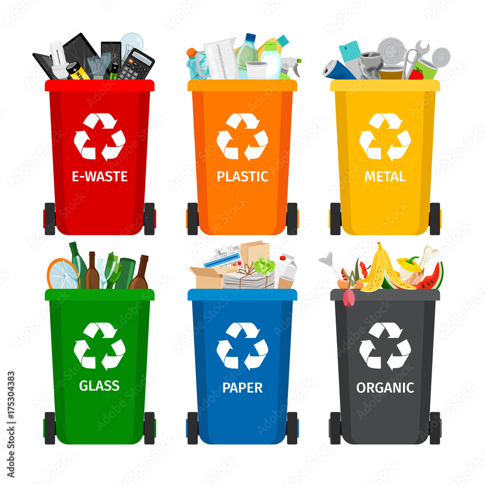 Trash in garbage cans with sorted garbage. Recycling garbage separation  collection and recycled Stock Vector