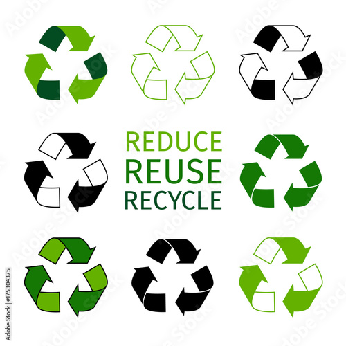 Reduce reuse recycle logotype set. Green arrows recycle eco symbols