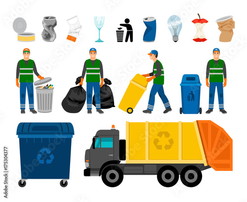 Scavengery, trash and garbage colored icons. Trash truck and garbage can, scavenger and household waste