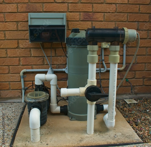Pump, filter and chlorinator setup for swimming pool photo