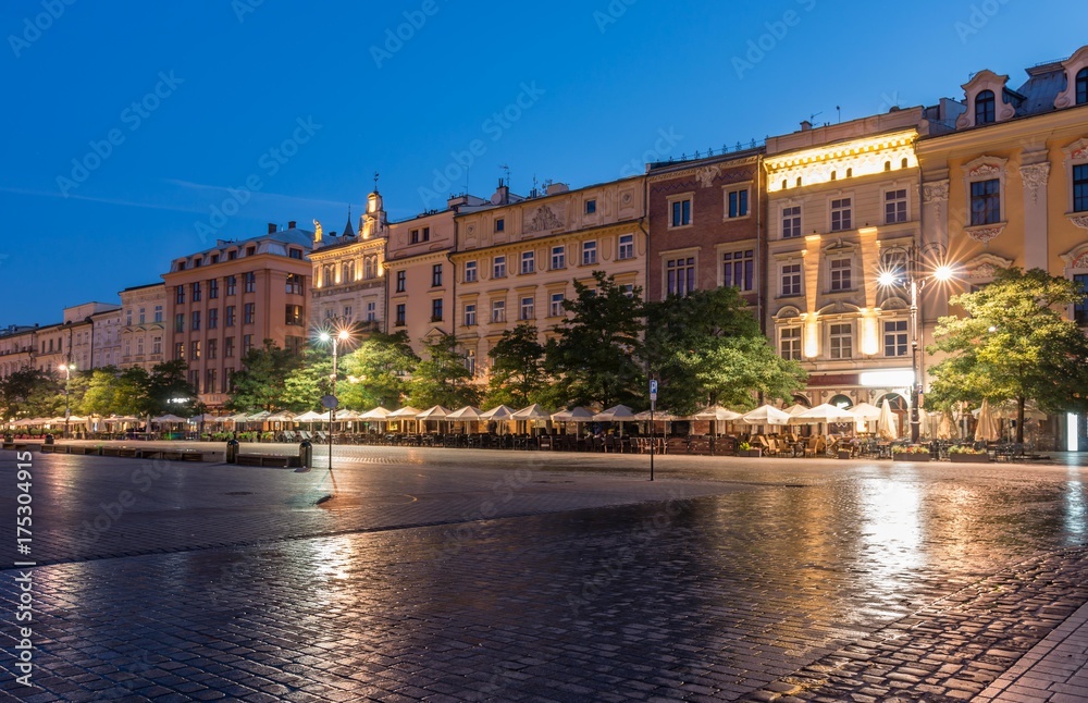 houses on Main Market Square (Rynek Glowny) in Krakow in the night