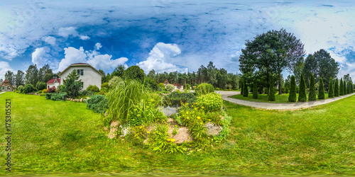 3D spherical panorama with 360 viewing angle. Ready for virtual reality or VR. Full equirectangular projection. Blue sky with green grass and withmany trees at summer.