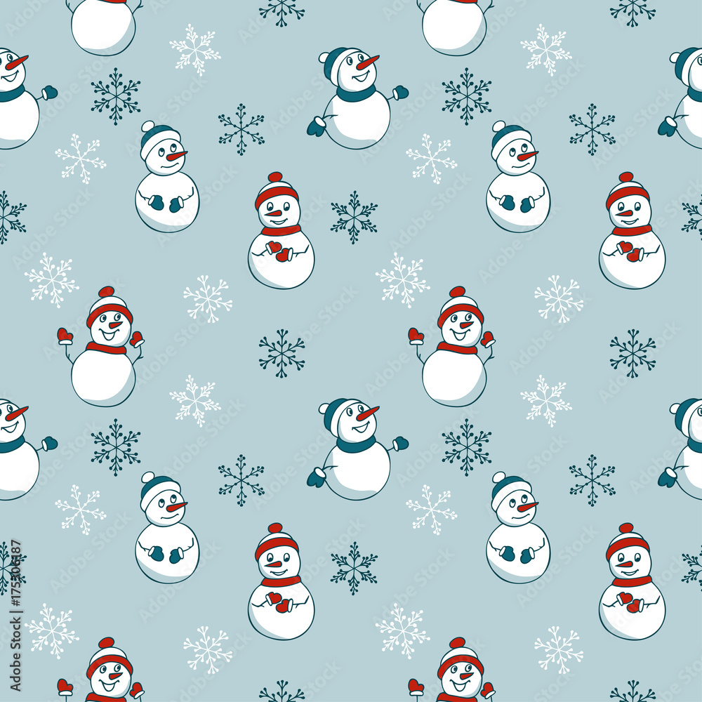 color vector pattern of snowman and snowflakes