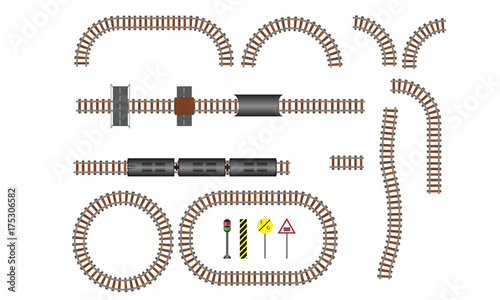 Vector railroad and railway tracks construction elements. Wavy trackway structure for traffic train illustration