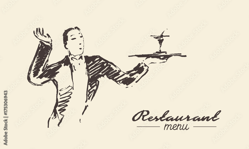 Waiter holding tray cocktail drawn vector sketch