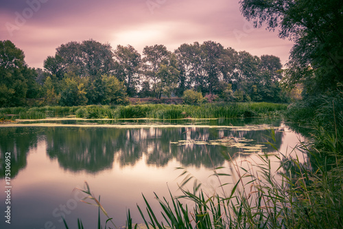 Calm river in the summer morning with green trees on background. Toned, style photo.