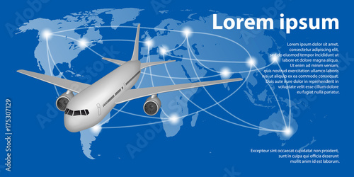 Flying airplane on World map with trace line. Travel airplane banner concept with copy space. Vector illustration.
