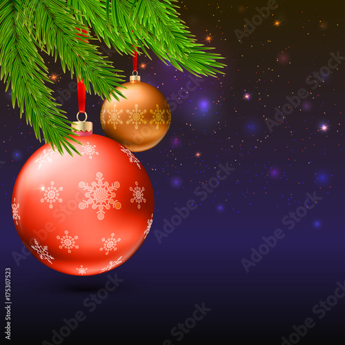 Christmas balls with green fir branches on the background with flash and Christmas lights. Realistic bright balls with snowflakes. Greeting card with golden text, 3D illustration