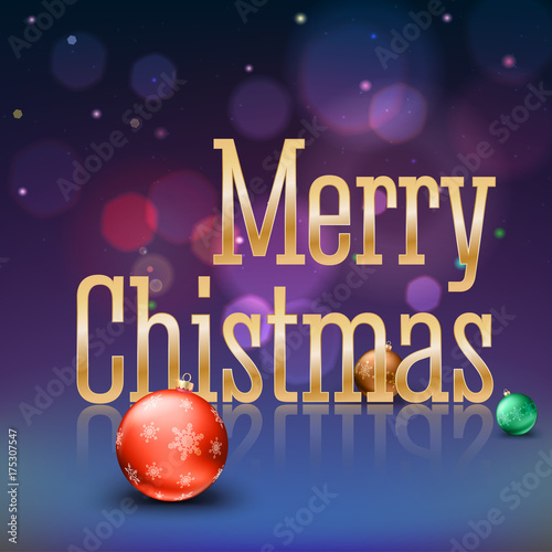 Greeting card with a big golden inscription Merry Christmas and color Christmas balls with snowflakes on a magical background with flares and glowing. Template for your greeting cards  3D illustration