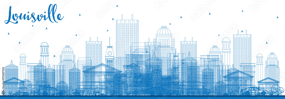 Outline Louisville Skyline with Blue Buildings.