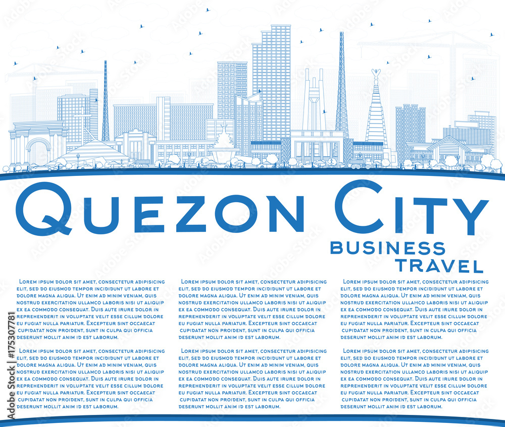 Outline Quezon City Philippines Skyline with Blue Buildings and Copy Space.