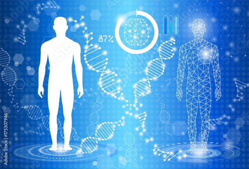 abstract background technology concept in blue light,human body heal, tests analysis clone defective DNA  human,global international medical and technology modern medical science in future