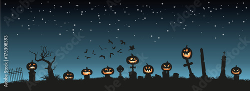 Holiday Halloween. Black silhouettes of pumpkins on the cemetery on night sky background. Graveyard and broken trees