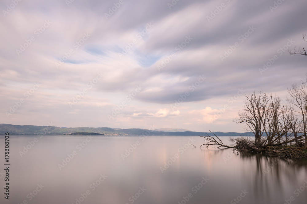 Long exposure view of a lake at dusk, with perfectly still water, skeletal trees and moving clouds