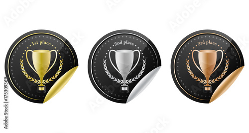 Sport trophy vector icons for the first place, second place and third place with laurel wreath and stars. Gold, silver and bronze.
