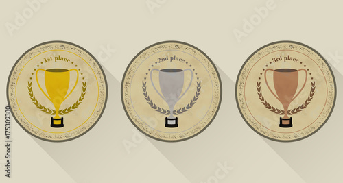 Sport trophy vector icons in retro style for the first place, second place and third place with laurel wreath and stars. Gold, silver and bronze.