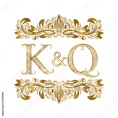 K and Q vintage initials logo symbol. The letters are surrounded by ornamental elements. Wedding or business partners monogram in royal style.