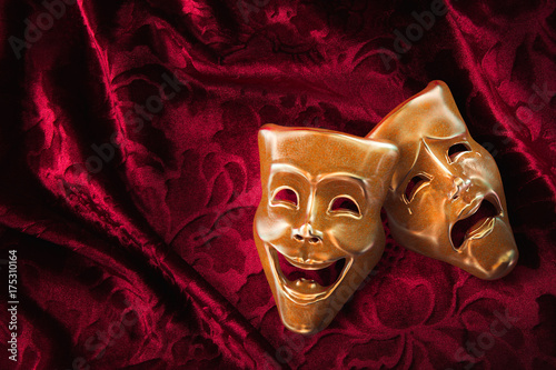 Theater masks, comedy and drama on a red curtain / 3D Rendering, Mixed media.