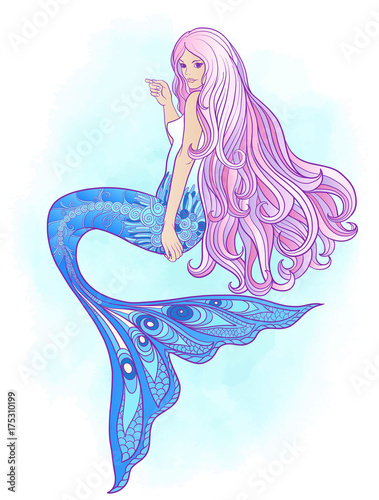Hand drew mermaid with long pink hair. Stock vector illustration