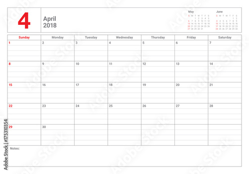 April 2018 calendar planner vector illustration