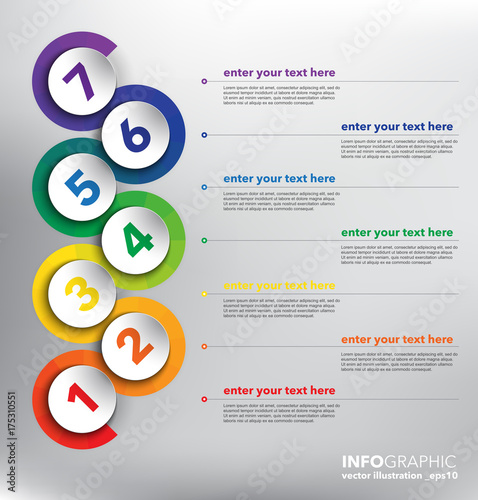 Vertical timeline infographic with circle elements. 7 parts concept. Can be used for workflow layout, banner, number options, step up options, diagram, web design. Vector illustration. Eps10.