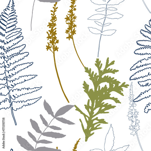 Floral vector seamless pattern with wild flowers, fern leaves and evergreen p...