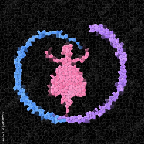 Inner child - Pink girl figure dancing with blue ribbon ribbon - rendered mosaic - digital illustration