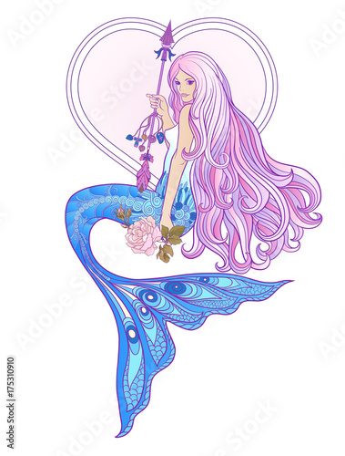 Hand drew mermaid with long pink hair. Stock vector illustration