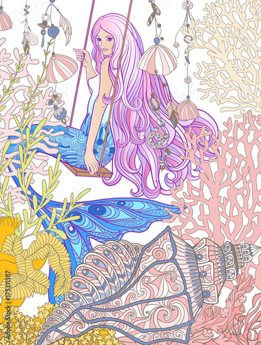 Hand drew mermaid with long pink hair in the underwater world. 