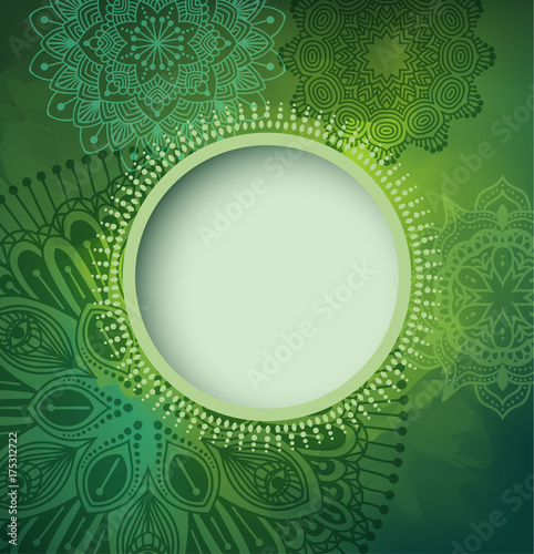Card or invitation design template. Oriental green background with mandalas and a frame for text. Eps10 vector