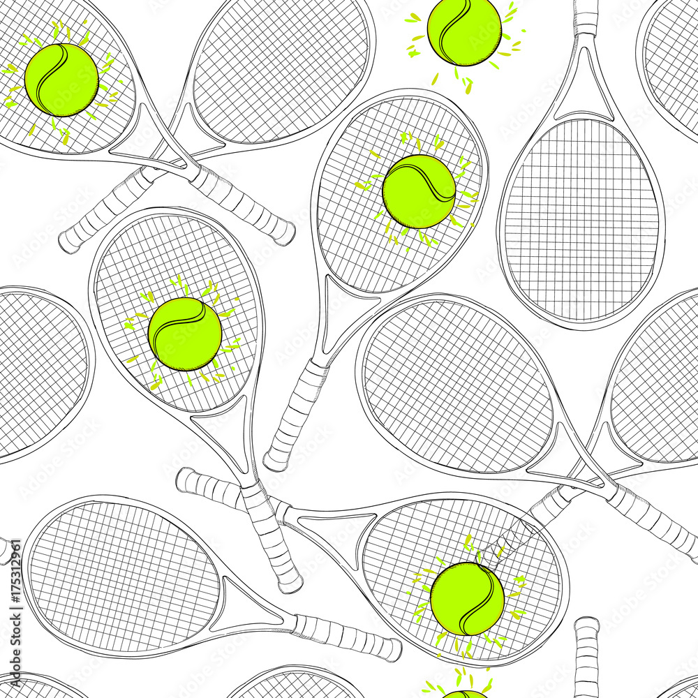 illustration of seamless pattern with tennis, rackets, ball. Hand drawn, drawing paper, design background, backdrop. Sport inventory for winner.