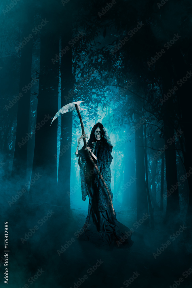 Plakat grim reaper lurking in the woods / high contrast image